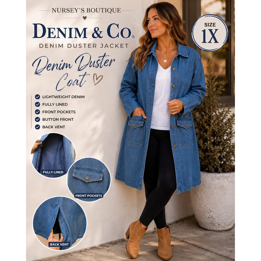 Denim & Co 1X Long Denim Duster Jacket Button Front Lined Plus Size